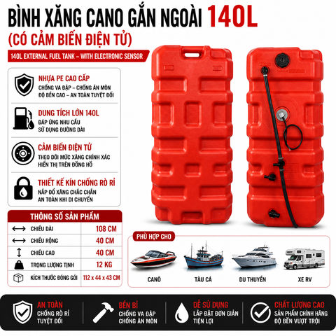 Thùng Xăng Cano Gắn Ngoài 140L, nhựa siêu cứng, Dung Tích 140L , Mã BS-CN-140, làm bình xăng chính cho tàu cano , máy phát điện, tàu thuyền, kích thước 108x40x40cm, cân nặng 12kg
