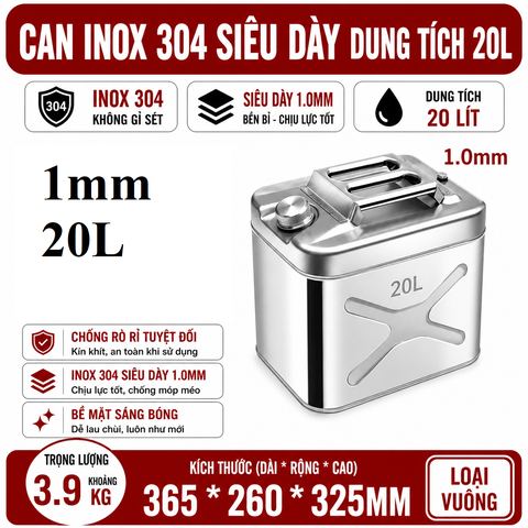 Thùng Xăng Dự Phòng Inox 304 Không Gỉ, Dung Tích 20L ( Loại Vuông) , Mã BS-FTB-20, Thép Dày 1mm, Dung Tích Lớn Cho Showroom Xe Nhà Xưởng