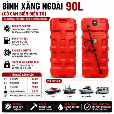 Thùng Xăng Cano Gắn Ngoài 90L , nhựa siêu cứng, Dung Tích 90L , Mã BS-CN-90, làm bình xăng chính cho tàu cano , máy phát điện, tàu thuyền, kích thước 83x40x35cm, cân nặng 8.2kg