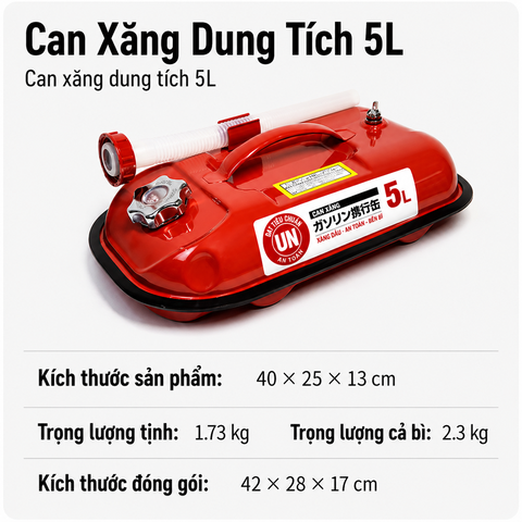 Thùng Xăng Dự Phòng Sắt 5L ( Kiểu Nằm Japan ), Mã BS-WST-05 – Thép Dày 0.6mm, Dung Tích Lớn Cho Cho Nhà Xưởng, Workshop, kho bãi