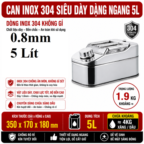 Thùng Xăng Dự Phòng Inox 304 Không Gỉ, Dung Tích 5L ( Dáng Đứng) , Mã BS-LSB-05, Thép Dày 0.8mm, Phù Hợp Dân Chơi Xe, Đi Phượt, Offroad, Cano, Nhà Xưởng, kích thước 34x16.5x18cm, cân nặng 1.9kg
