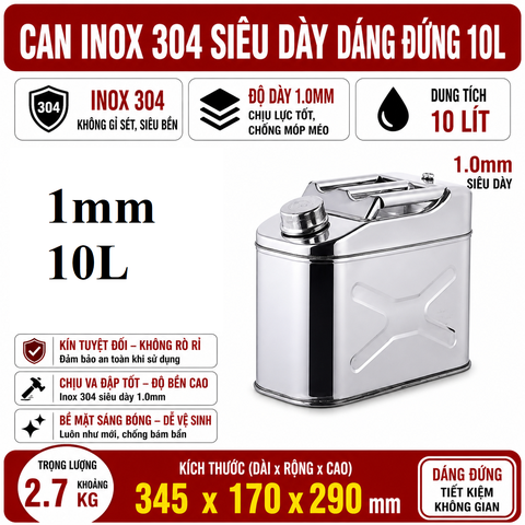 Thùng Xăng Dự Phòng Inox 304 Không Gỉ, Dung Tích 10L ( Dáng Đứng) , Mã BS-LSB-10, Thép Dày 1mm, Phù Hợp Dân Chơi Xe, Đi Phượt, Offroad, Cano, Nhà Xưởng, kích thước 34x16.5x37cm, cân nặng 2.9kg