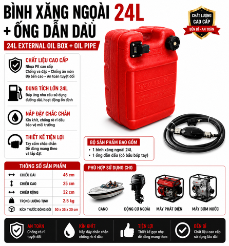 Combo Thùng Xăng Cano Gắn Ngoài 24L kèm theo dây bo, nhựa siêu cứng, Dung Tích 24L , Mã BS-CN-24D, làm bình xăng chính cho tàu cano , máy phát điện, tàu thuyền, kích thước 46x25x32m, cân nặng 2.5kg,  kèm dây bo bóp