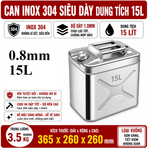 Thùng Xăng Dự Phòng Inox 304 Không Gỉ, Dung Tích 15L ( Dáng Đứng) , Mã BS-LSB-15, Thép Dày 0.8mm, Phù Hợp Dân Chơi Xe, Đi Phượt, Offroad, Cano, Nhà Xưởng, kích thước 34x16.5x37cm, cân nặng 2.9kg