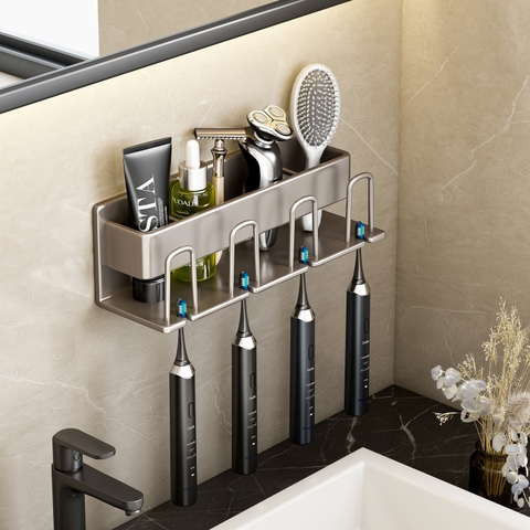Kệ để bàn chải đánh răng loại 4 người, dán tường (không cần khoan), chất liệu nhôm , kích thước 75x75x260mm