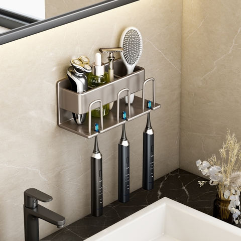Kệ để bàn chải đánh răng loại 3 người, dán tường (không cần khoan), chất liệu nhôm, kích thước 75x75x200mm