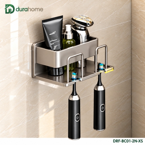 Kệ để bàn chải đánh răng loại 2 người, dán tường (không cần khoan), chất liệu nhôm, kích thước 75x75x140mm