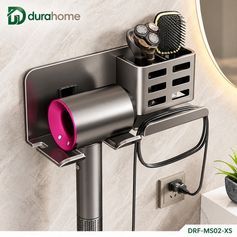 Giá treo máy sấy tóc loại gắn tường 2 ngăn, chất liệu nhôm, kích thước 24x9,5x8cm