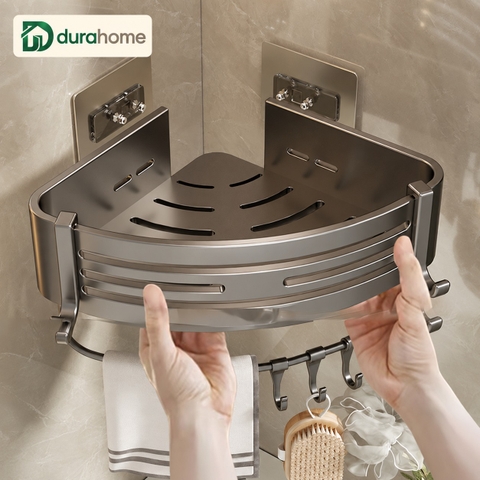 Kệ góc nhà tắm loại gắn tường hình tam giác, chất liệu nhôm, có móc treo bằng nhựa, kích thước 30x6,8x22cm
