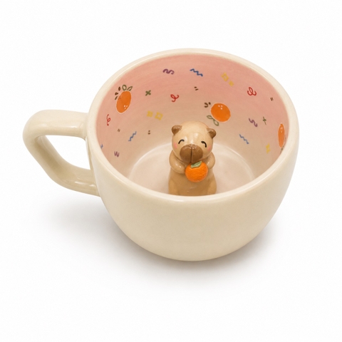 MEOW POTTERY - Ceramic Short Mug with Capybara and Tangerine Inside