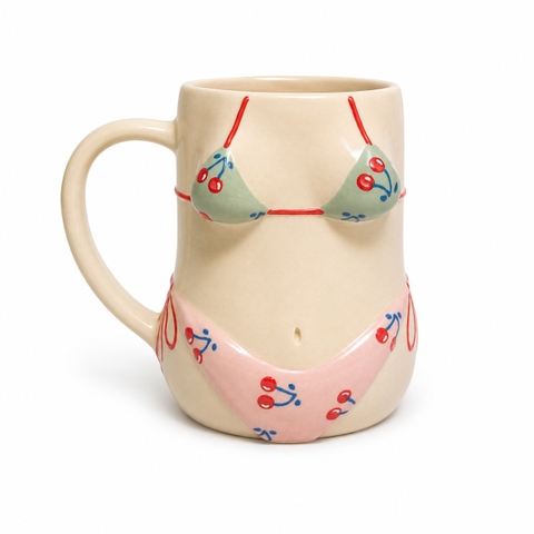 MEOW POTTERY - Bikini Mug in Sage & Pink With Cherry