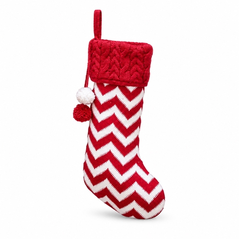 CHRISTMAS - Large Wool Stocking in Red & White Zigzag