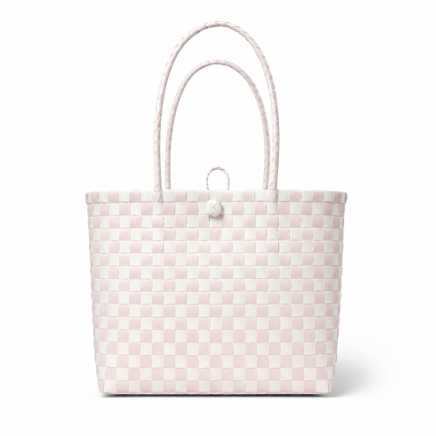 Woven Basket Bag in White & Pink Gingham (M)