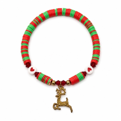 ELI & LOU - Bead Bracelet In Green & Red Reindeer Charm