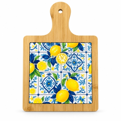 BÁT TRÀNG CERAMIC - Wood & Ceramic Pot Holder In Lemon & Tile Pattern