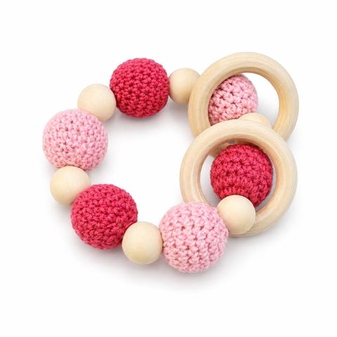 KID & BABY - Crochet Teething Toy With Wooden Circle in Pink