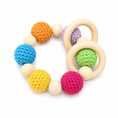KID & BABY - Crochet Teething Toy With Wooden Circle in Rainbow
