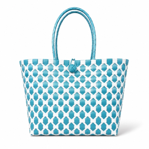 Woven Basket Bag in Turquoise Geometric Pattern (S)