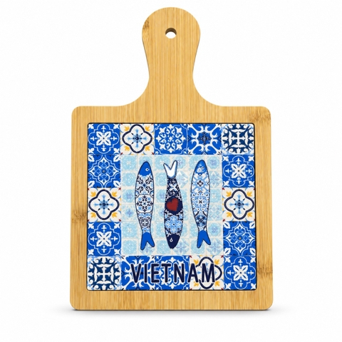 BÁT TRÀNG CERAMIC - Wood & Ceramic Pot Holder In Blue Fish & Tile Pattern