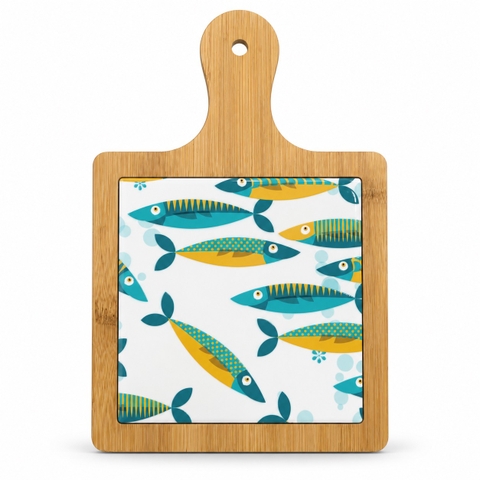 BÁT TRÀNG CERAMIC - Wood & Ceramic Pot Holder In Turquoise & Yellow Fish