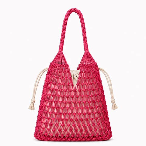 Cotton Macrame Market Tote Bag in Fuchsia