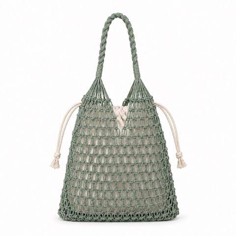 Cotton Macrame Market Tote Bag in Army Green