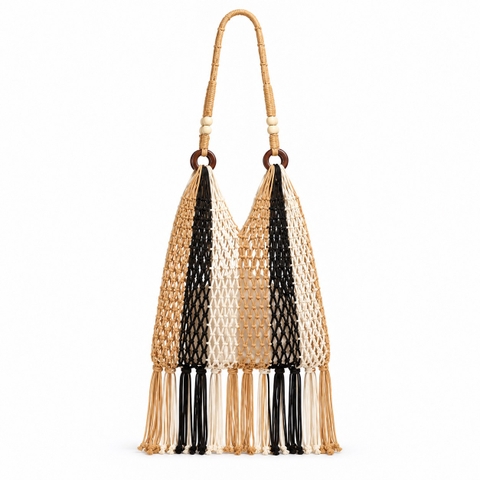 Tassel Macrame Tote Bag - Black & Beige