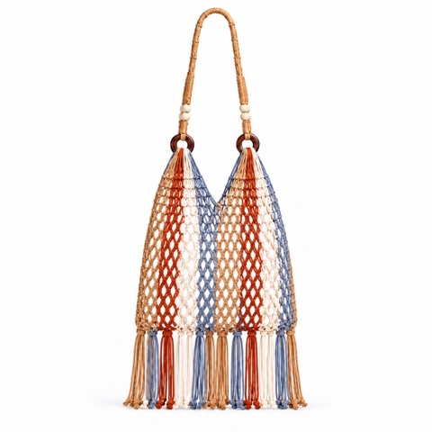 Tassel Macrame Tote Bag - Blue & Orange