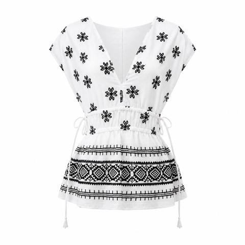 HUMANITY HANOI -  Linen V-Neck White Top with Black Pattern