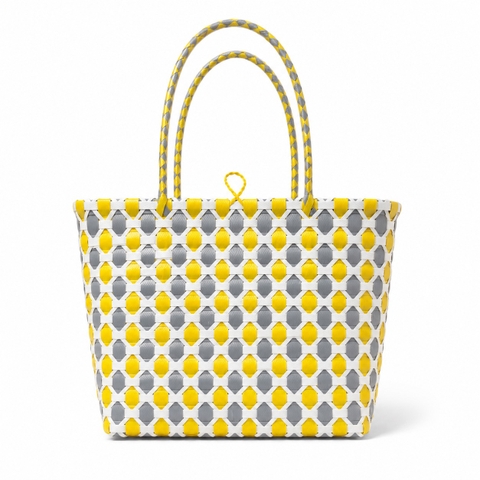 Woven Basket Bag in Yellow & Grey Geometric Pattern (M)