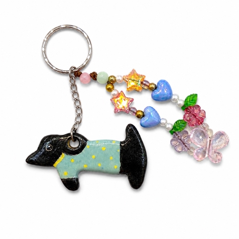 LINDO CRAFTS - Dog With Turquoise Polka Dots Shirt Ceramic Keychain