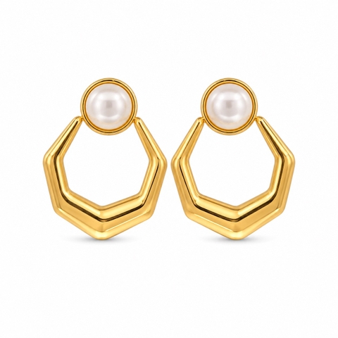 MIALIE - 18K Gold Plated Pearl Hexagon Earrings