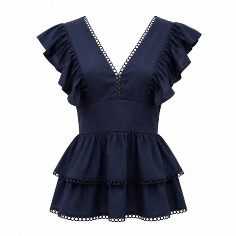 HUMANITY HANOI -  Linen V-Neck Ruffles Top in Navy