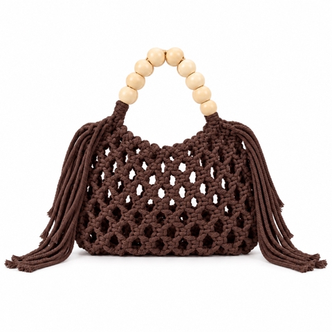 Macrame Hand Bag With Wooden Bead - Brown