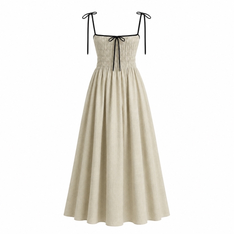 HUMANITY HANOI - Pleat Spaghetti Strap Linen Dress in Beige
