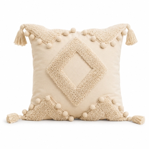 Sofa Pillow - Diamond Pattern in Beige With Tassels