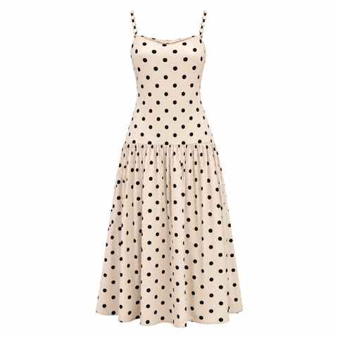 HUMANITY HANOI - Drop Waist Dress In Beige With Polka Dot