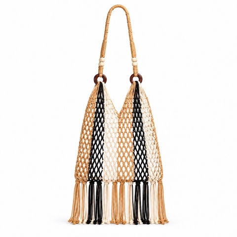 Tassel Macrame Tote Bag - Black & Beige