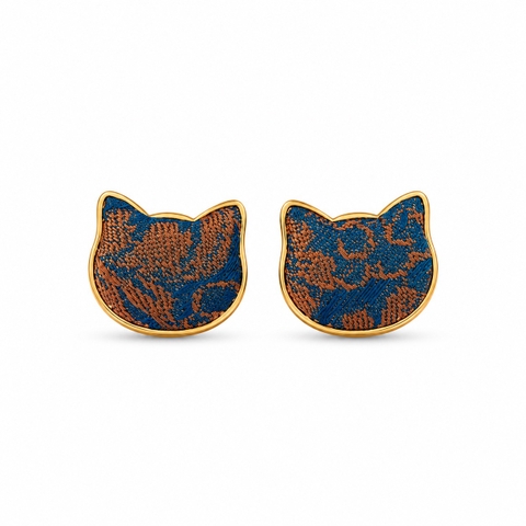 MỘC SAN - 16K Gold Plated & Silk Stud Earrings in Blue & Orange Cat