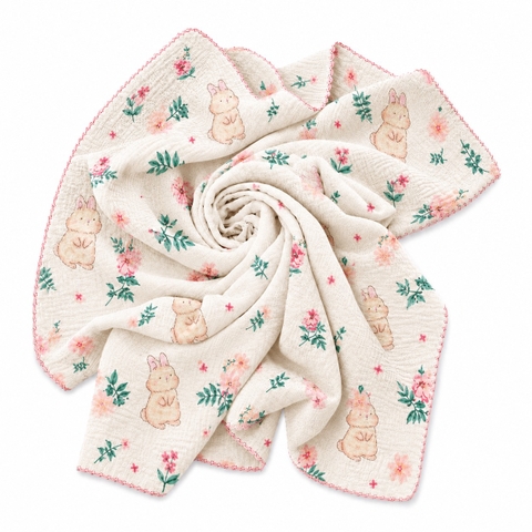 Muslin Blanket For Babies - Bunny & Pink Flower