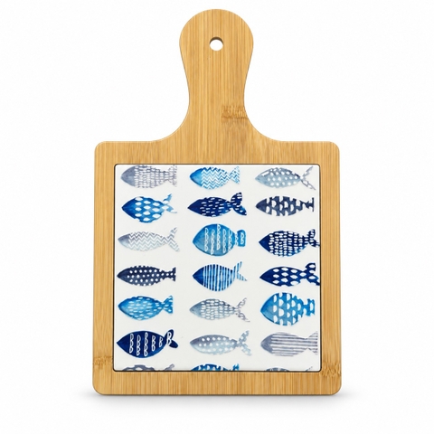 BÁT TRÀNG CERAMIC - Wood & Ceramic Pot Holder In Blue School Of Fish
