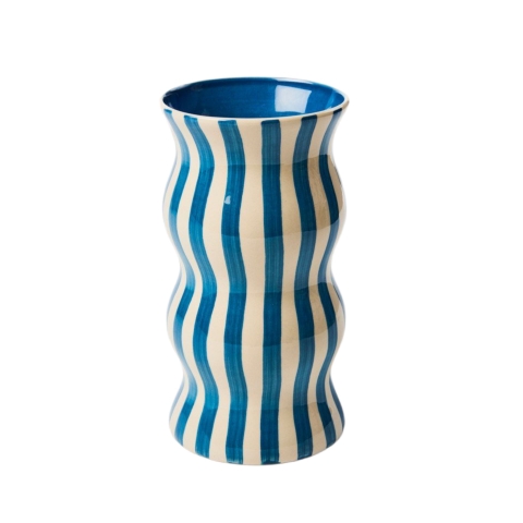 BAT TRANG - Ceramic Wavy Vase In Striped Blue