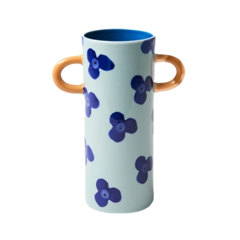BÁT TRÀNG CERAMIC - Blue Flower Vase With Yellow Handle