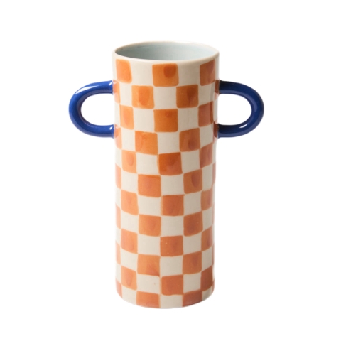 BÁT TRÀNG CERAMIC - Orange Checked Vase With Blue Handle