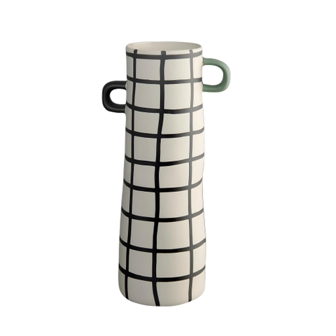 BAT TRANG - Ceramic Tall Vase In Checked Black With Green & Black Handle