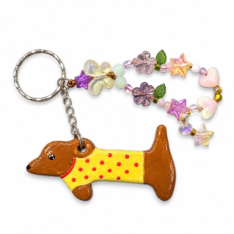 LINDO CRAFTS - Dog With Yellow Polka Dots Shirt Ceramic Keychain