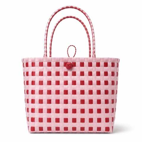 Woven Basket Bag in Red & Pink Gingham (M)