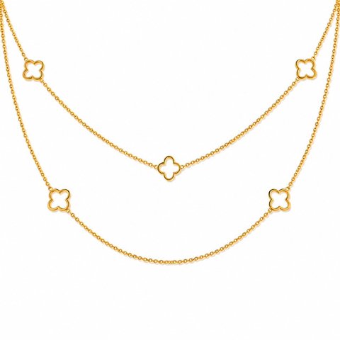 MIALIE - 18K Gold Plated Double Chain Necklace With Clover Charm