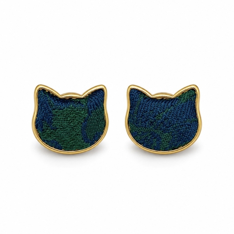 MỘC SAN - 16K Gold Plated & Silk Stud Earrings in Emerald Green Cat