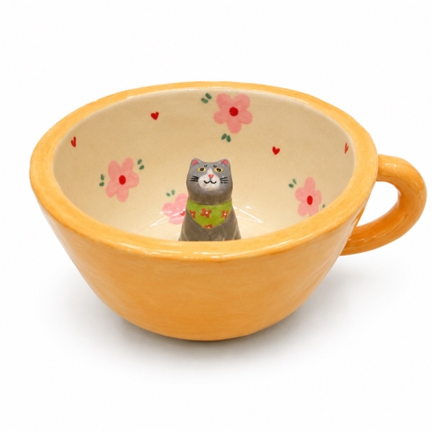 LINDO CRAFTS - Orange Mug With Pink Flower & Grey Cat Inside